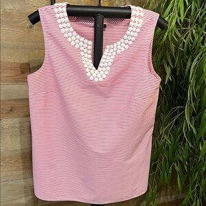 Talbots Pink and White Striped Sleeveless Blouse with Embellished Neckline